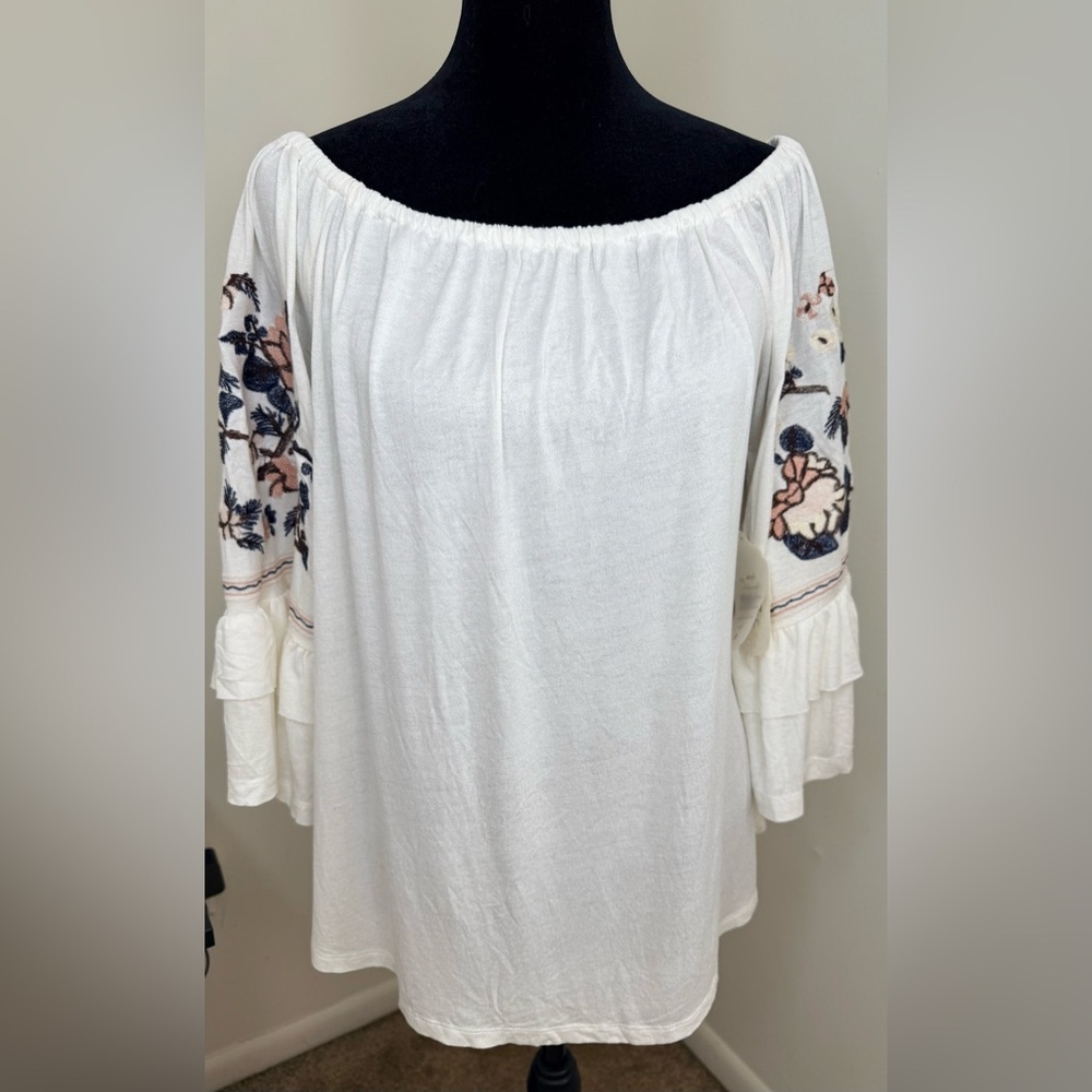 Altar'd State White Off Shoulder Floral Embroidery Tiered Ruffle Peasant Shirt